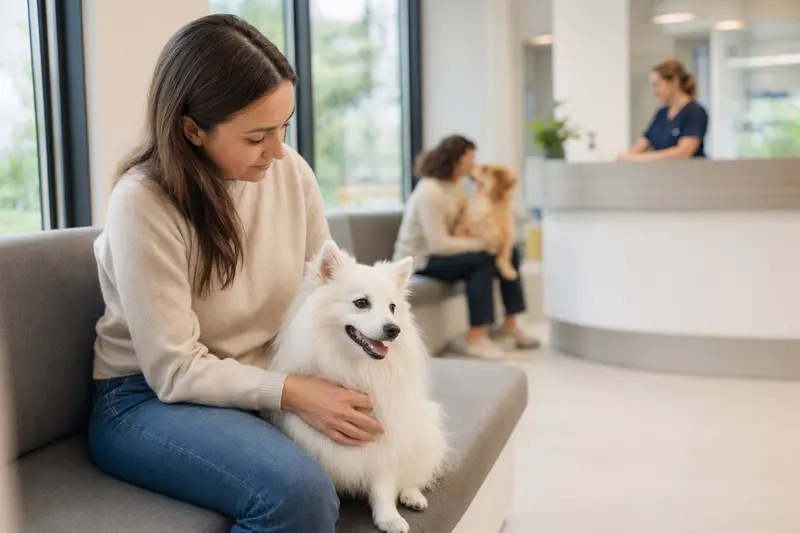 Ein Japanischer Spitz sitzt ruhig neben seinem Besitzer im hellen Wartezimmer einer modernen Tierarztpraxis.